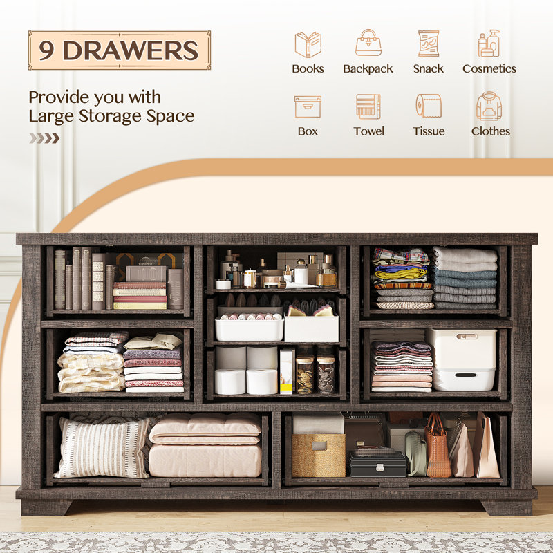 Dresser For Bedroom With 9 Drawers, Dark Rustic Oak