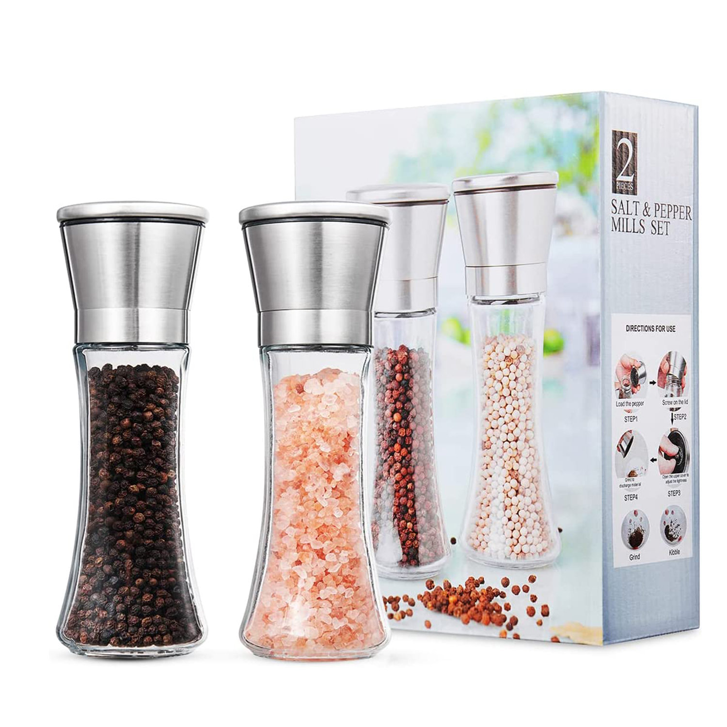 Salt and Pepper Grinder Set of 2 - Tall Salt and Pepper Shakers with Adjustable Coarseness by Ceramic Rotor - Stainless Steel Pepper Mill Shaker and