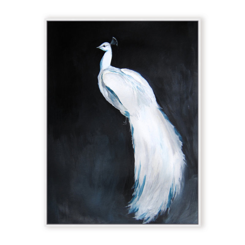 Nature Inspired Alabaster Majesty: White Peacock Against The Night, 30" H x 24" W x 1.125" D, Framed Print, Gold