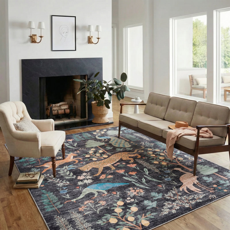 Tapis lavable à la machine Jungle, Rectangle 9 pi x 12 pi, Noir