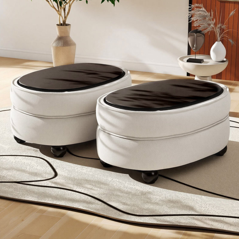 Repose-pieds ovale 30 po en chenille avec pieds ronds en bois massif (ensemble de 2), Beige