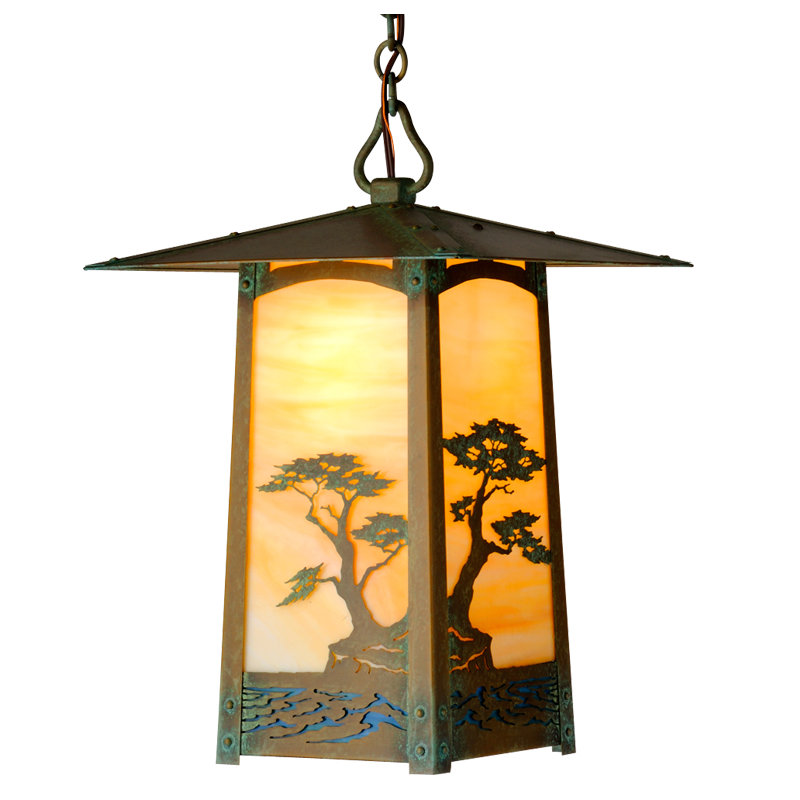 Lanterne suspendue d'extérieur 1 lumière Dever, H 19 po x l 12,5 po x P 15,75 po, Or irisé, Vert nouveau