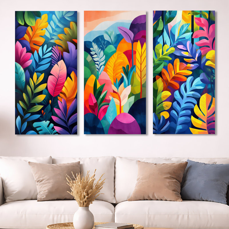«Tropical Forest Gardens - Blue Floral», art mural 3 pièces, H 40 po x l 60 po, Toile tendue