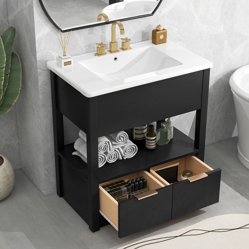 Meuble-lavabo simple 30 po avec comptoir, Noir, Or