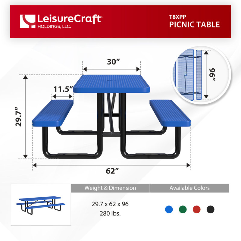 Leisure Craft Standard Outdoor Picnic Table, Blue, 96" W
