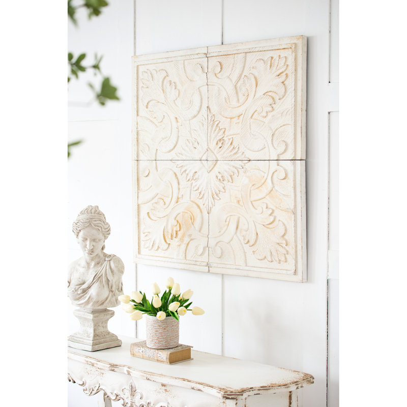 100% Fir Wood Distressed Wall Panels 17.5X17.5", White-Wash, Intricate Medallion For Various Interior Designs 17.5X17.5" Wooden Square Panels, Wood, Touch Different Decor