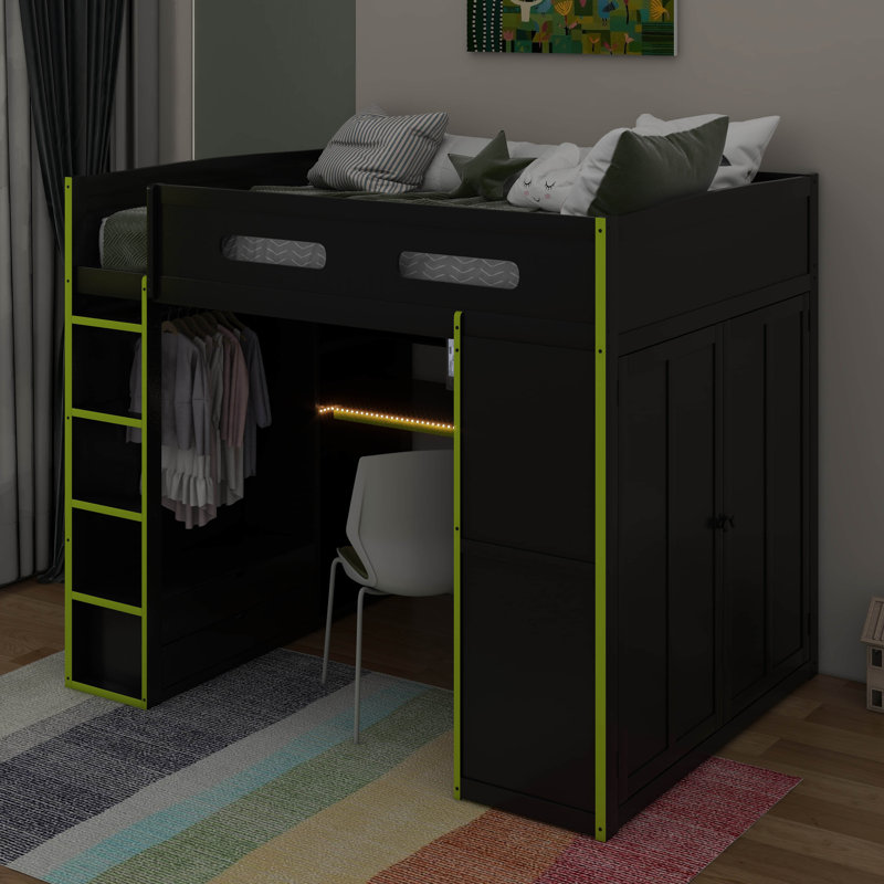 Lit mezzanine double en bois avec bureau, garde-robe, grand espace de rangement et lumière DEL RVB, Vert