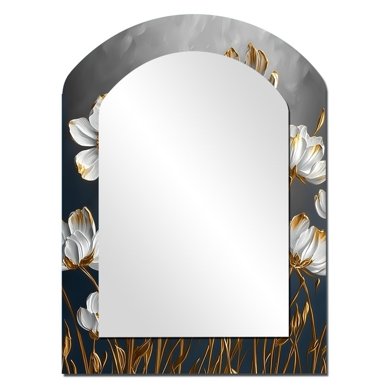 Cornflowers in White and Gold Tones III - Miroir mural cornflowers arche, miroir décoratif asymétrique blanc, 34 po x 25 po