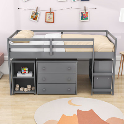 Iago Kids Low Twin 3 Drawers Wood Loft Bed with Rolling Portable Desk and Shelves by Harriet Bee