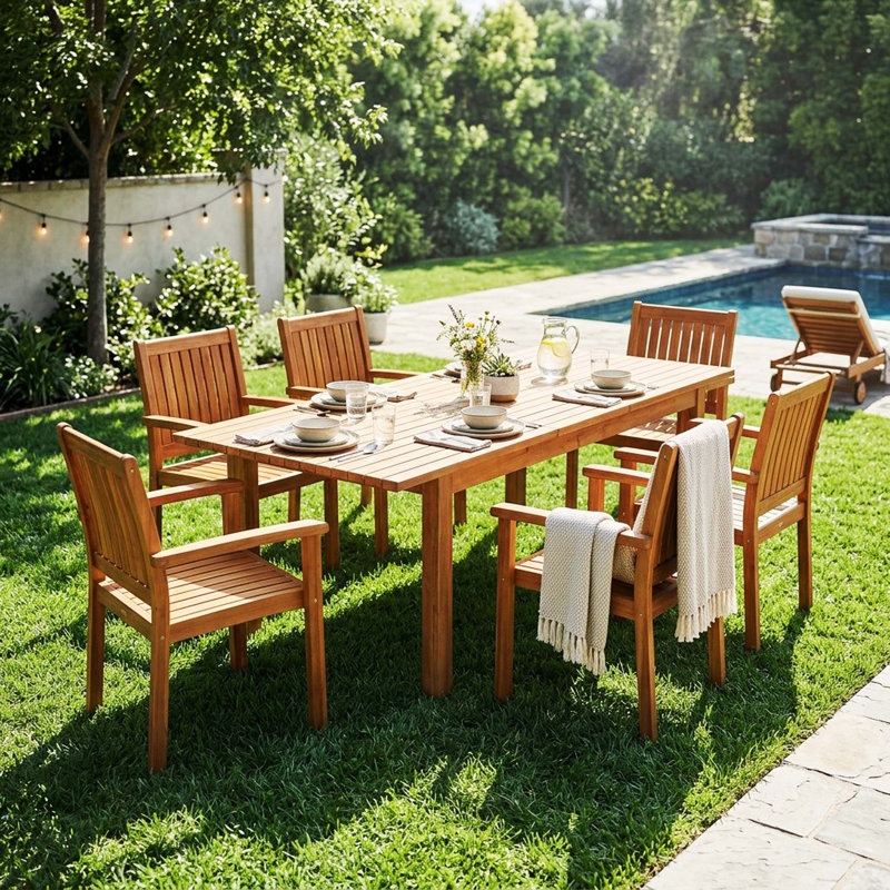 Ensemble de salle à manger 7 pièces en bois d'acacia, 6 chaises modernes et 1 grande table pour la pelouse, la cour, la terrasse du jardin et le bord de la piscine, teck