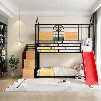 Anastaja Over Metal Bunk Bedmetal Housebed With Slide And Storage Stair With Slide