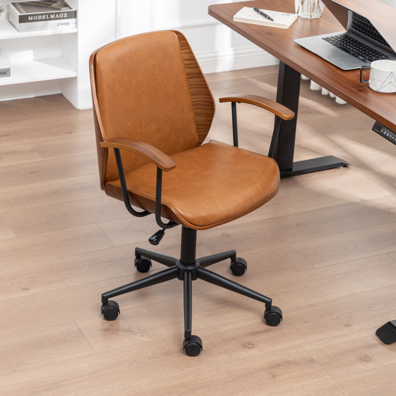 Andretta Faux Leather Upholstered Office Chair With Bent Wood, Brown