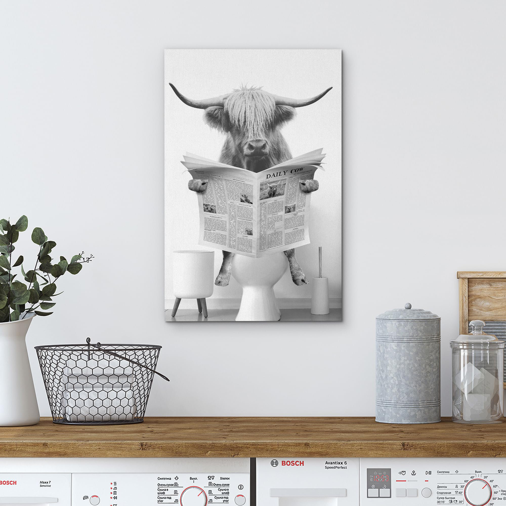 IDEA4WALL Funny Bathroom Decor Black and White Highland Cow Sit On ...