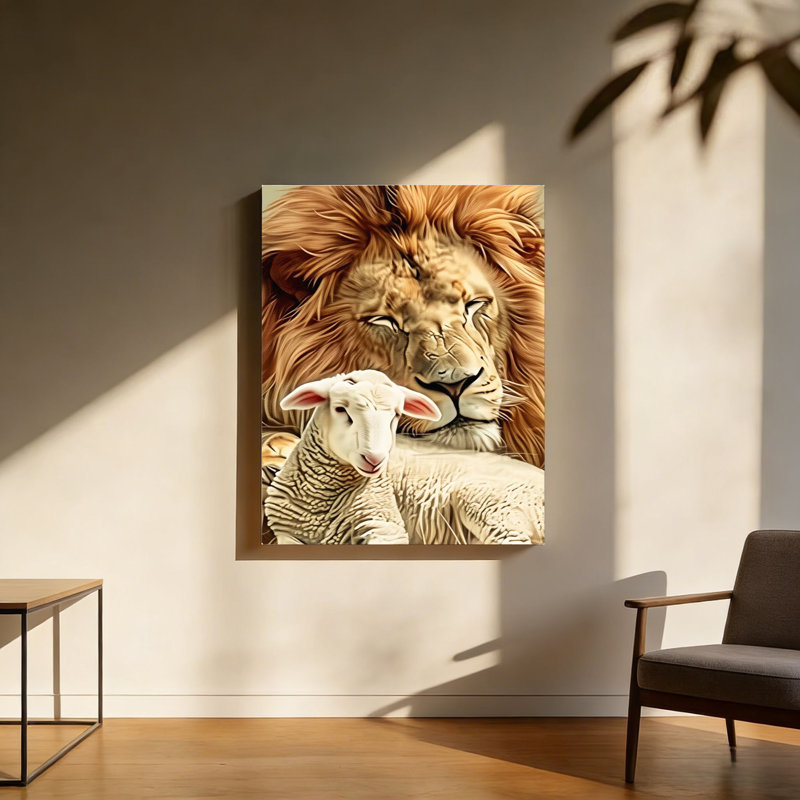 Roi lion et croix d'agneau, cadre en bois à l'arrière intégré, 20 x 30