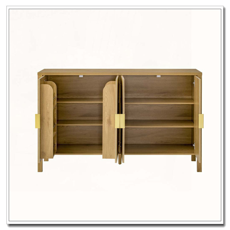 Buffet 57,5 po en MDF à 4 portes avec tablettes de rangement et crochets latéraux, tablettes réglables, Naturel