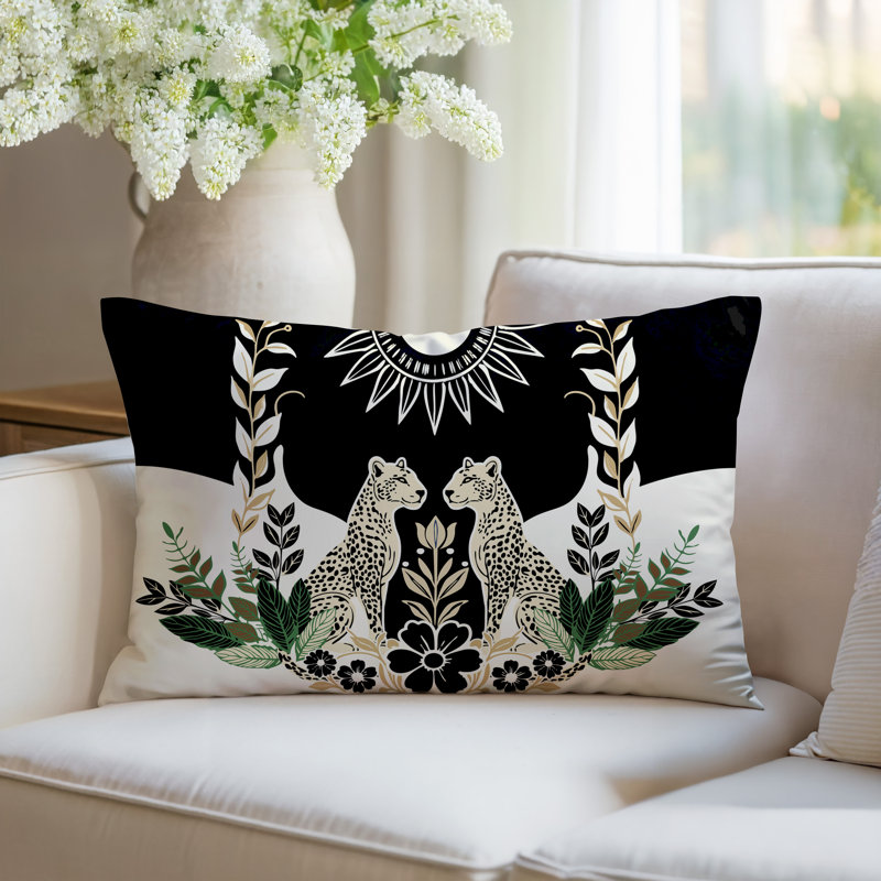 Oreiller rectangulaire réversible intérieur / extérieur Spoke Leopard, Rectangle H 14 po x l 20 po, Noir
