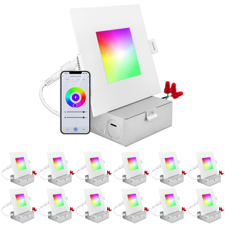 Luxrite 12-Pack 4 Inch Square Smart LED Recessed Lighting, RGBW Colour Changing, Wifi App Control, Voice Control With Alexa And Google Home, No Hub Required, 10.5W 700LM, CRI 90, IC Rated, Wet Rated