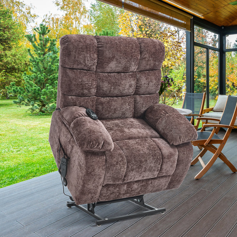 Vayun 40.55" W Oversized Chenille Lay Flat Liftable Power Recliner, Massage, Heater, Brown