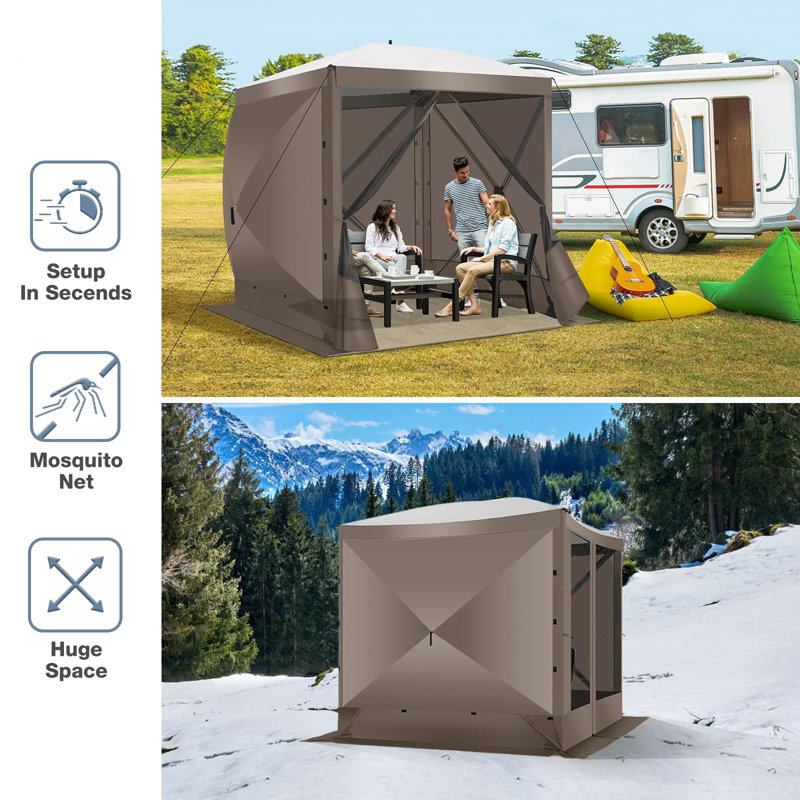 6x6FT Camping Gazebo Screen Tent,  Sided Pop-up Canopy Shelter with Mesh Windows, Brown