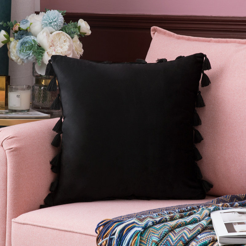 Square Velvet Tassle Cushion, 18''H x 18''W x 1"D, Black, Pillow Cover Only - No Insert