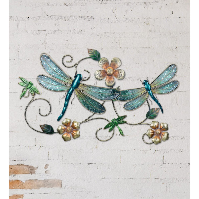26.5" Garden Vibe Metal and Glass Floral Wall Décor with Painted Wing Accents - 2 Dragonfly, 2 dragonfly