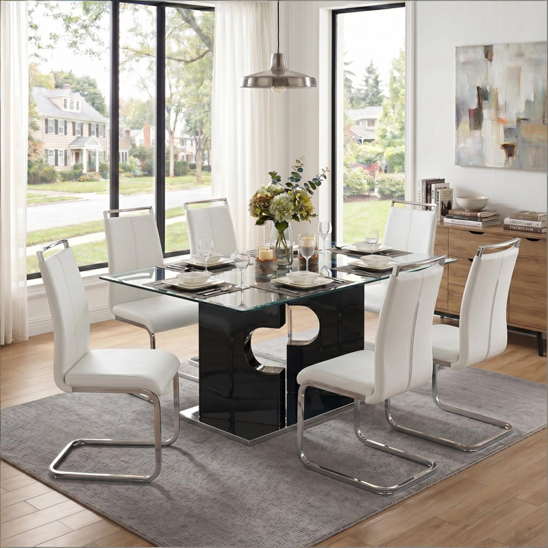 63"  Dining Table Set, Glass Dining Room Table Set with Open-Frame Legs and PU Leather Chairs, White