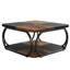 Table basse carrée de 39 po avec tablette de rangement à 2 niveaux de style campagne moderne, structure en métal robuste, brun rustique et noir, idéale pour le salon