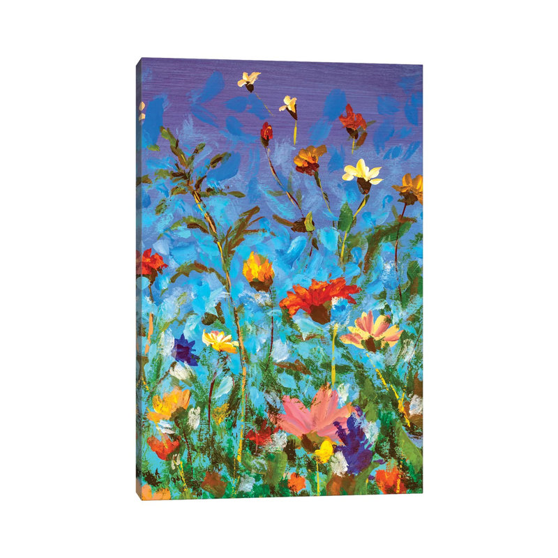 Spring Summer Red Yellow White Wildflowers On Blue Sky by Joyce Combs - Wrapped Canvas Print