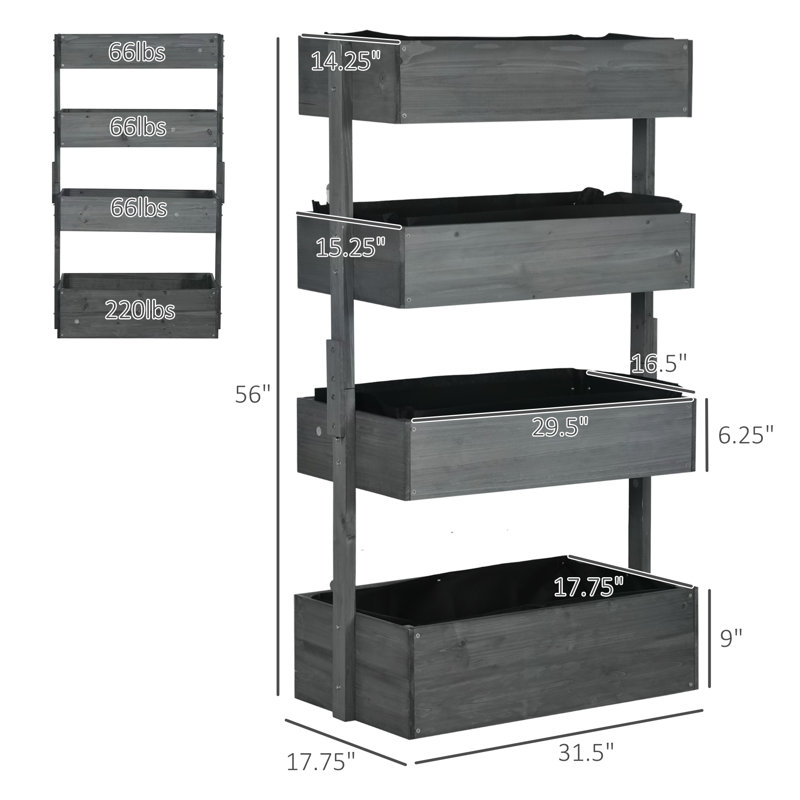 Jardinière verticale en bois pour l'extérieur, boîte à fleurs à 4 niveaux, auto-vidange pour fleurs, légumes, herbes, gris