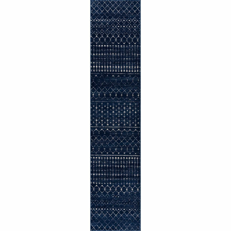 Dounia Transitional Performance Navy Blue/White Area Rug, Runner 2'7" x 10'