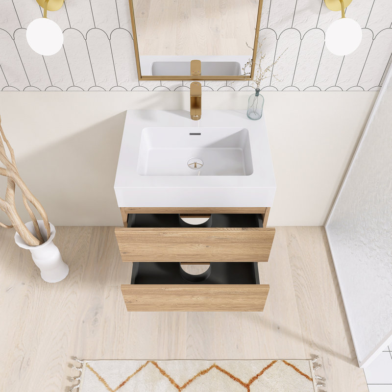 24'' Wall Mounted Single Sink Bathroom Vanity With Solid Surface Top, Oak, 24"