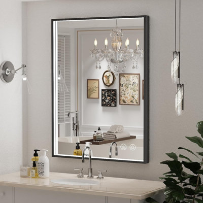 Miroir de salle de bain à DEL, miroir de meuble-lavabo avec cadre en métal noir, miroir à DEL mural avec lumières, gradation continue, antibuée, mémoire (horizontale / verticale)