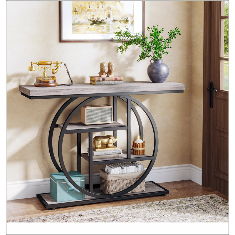 41.3" Industrial Console Table, 4-Tier Grey Sofa Table with Unique Circle Metal Frame & Storage Shelves, Narrow Entryway Accent Table for Living Room