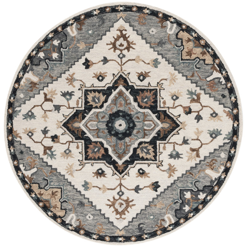 Heritage Handtufted Wool Cotton Oriental Rug in Ivory/Gray, Round 6'
