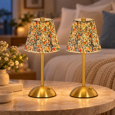 Rechargeable Dimmable Table Lamp with Floral Pleated Fabric Tapered