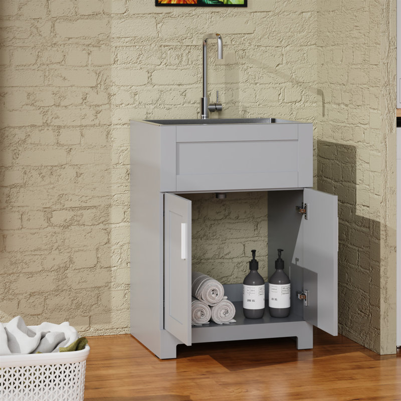 Meuble-lavabo de 24 pouces avec lavabo en acier inoxydable et armoire à lessive grise, résistant à l'humidité et durable