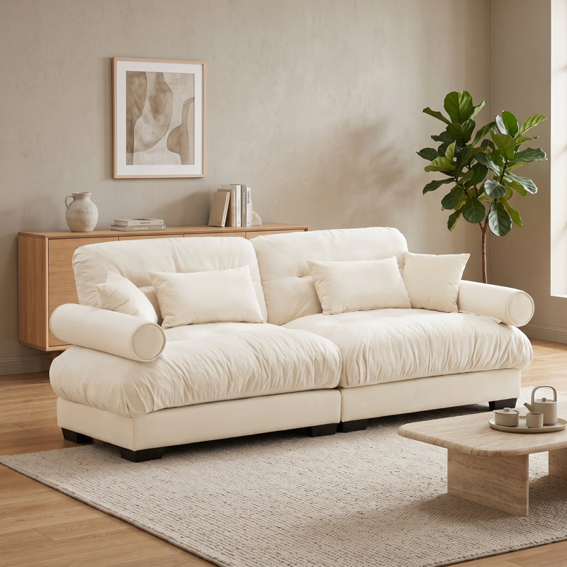 Canapé modulaire 2 places en velours beige avec coussins profonds, coussins lombaires et coussins décoratifs, Beige