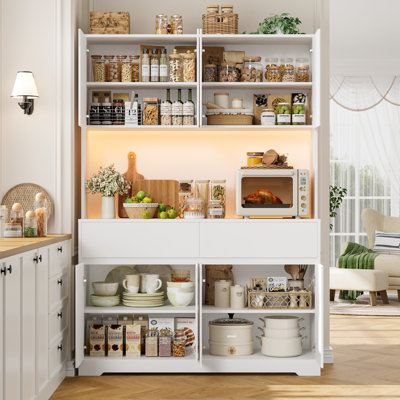 Armoire garde-manger à 8 portes H 71 po x l 47,2 po Aybike avec lumières à DEL RVB réglables et station de charge, garde-manger moderne avec tablettes réglables et portes à fermeture en douceur