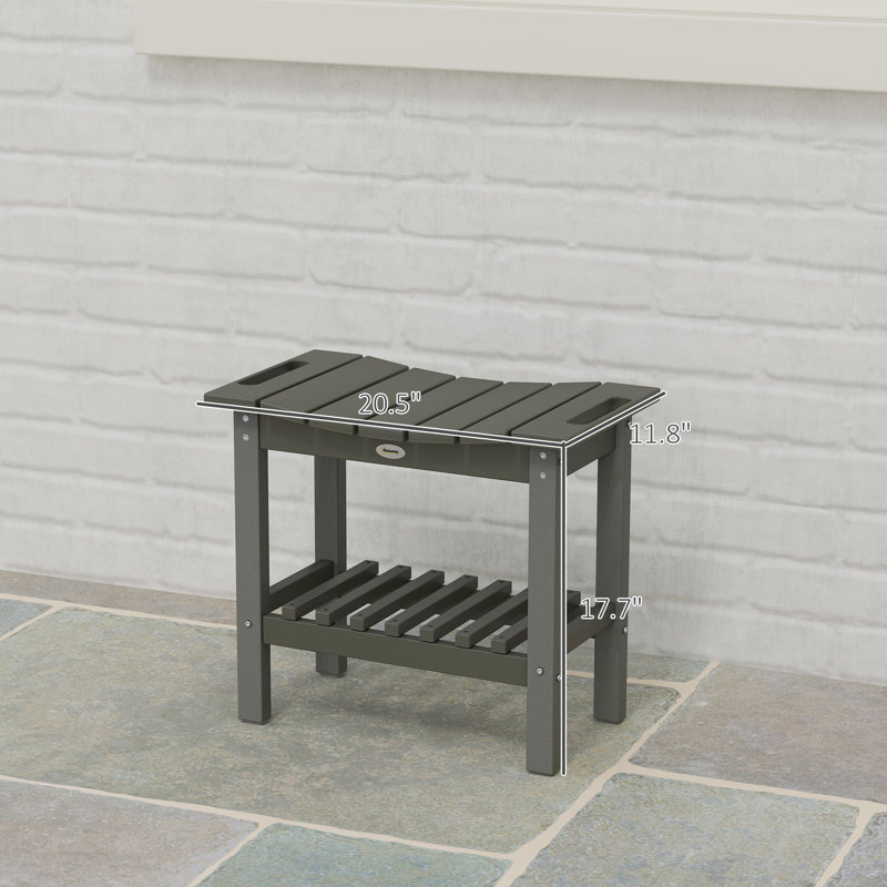 Outdoor Side Table, 2-Tier Shower Bench with Non-Slip Pads and Handles, HDPE Weather Resistant Patio End Table for Patio, Pool, Porch