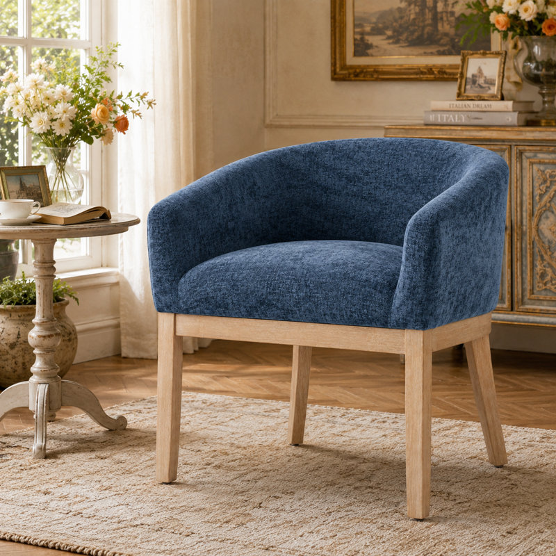 Chaise de salle à manger Ellvorn de style moderne du milieu du siècle, en lin, avec accoudoirs, revêtement en lin, structure en bois d'hévéa naturel, pieds incurvés et patins anti-rayures.