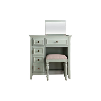 31.50"Green Solid Wood Rubber Wood Compact Vanity Table with Flip-top Makeup Area