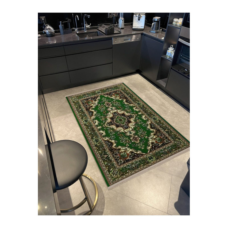 Tapis décoratif rétro vert à motif traditionnel, Sous-tapis rectangulaire de 3 pi 3 po x 4 pi 11 po