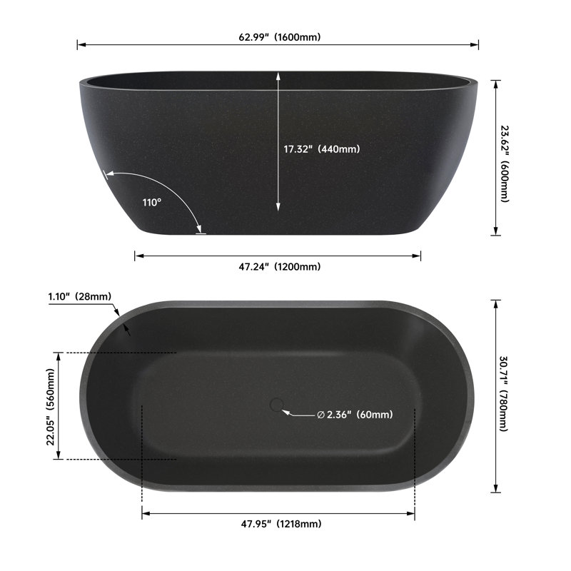 63'' Freestanding Soaking Terrazzo Bathtub, Matte Black