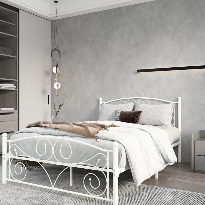 Structure de lit en métal blanc pleine grandeur, système de fleurs unique, facile à assembler, pas de sommier tapissier nécessaire en métal, silencieux et stable, compatible avec les matelas en mousse à mémoire de forme, nécessaire