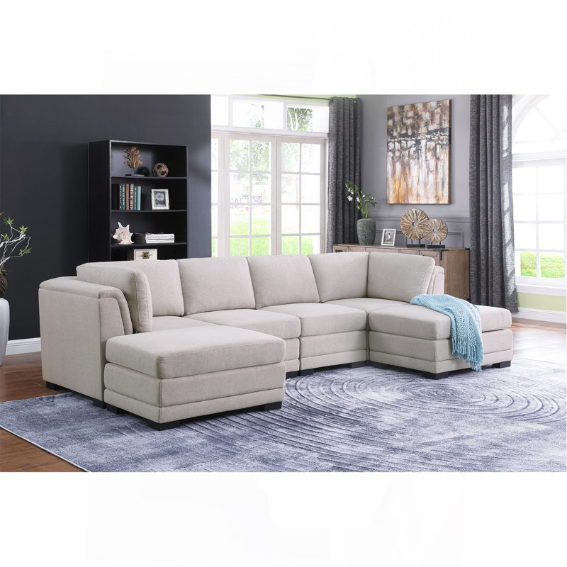 Canapé modulaire réversible en tissu de lin gris clair 121,5 po avec 2 repose-pieds