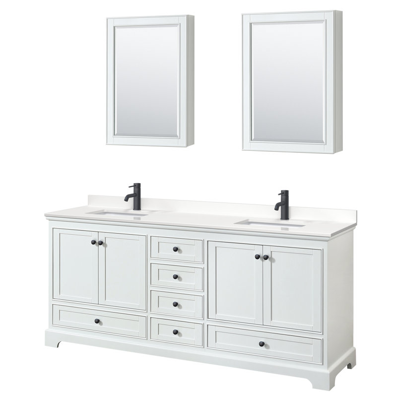 Meuble-lavabo double autoportant Deborah avec plateau en quartz, Blanc, Noir mat, Quartz blanc