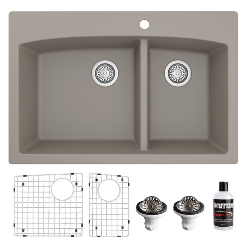 Karran Quartz 33'' X 22'' Double Bowl 60/40 Top Mount Drop-in Kitchen Sink Kit, Concrete