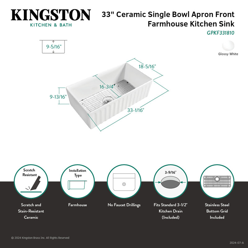 Glossy White Ceramic Apron-Front Farmhouse Kitchen Sink with Bottom Grid