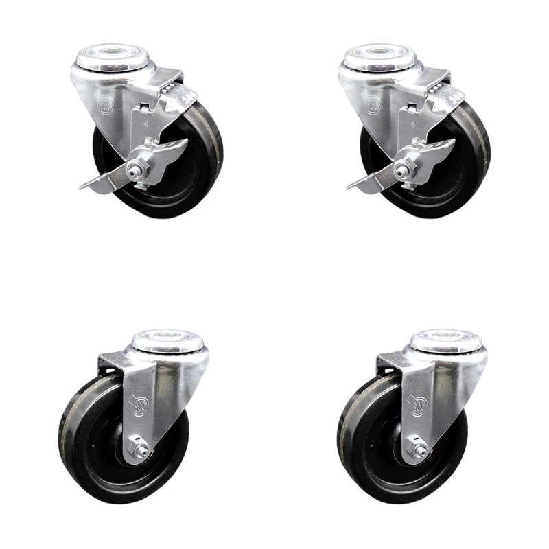 4 Inch Phenolic Wheel Swivel Bolt Hole Caster Set with 2 Brake Service Caster