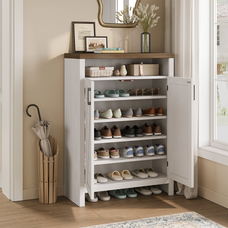 6-Tier 24 Pairs Shoe Cabinet With Doors And Adjustable Shelves, White/Brown